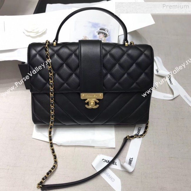 Chanel Quilted and Chevron Calfskin Large Flap Bag with Top Handle AS0712 Black 2019 (JIYUAN-9111807)