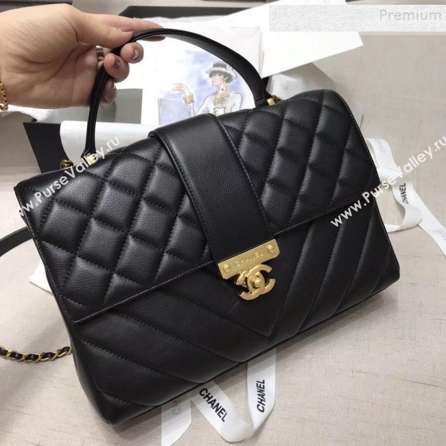 Chanel Quilted and Chevron Calfskin Large Flap Bag with Top Handle AS0712 Black 2019 (JIYUAN-9111807)
