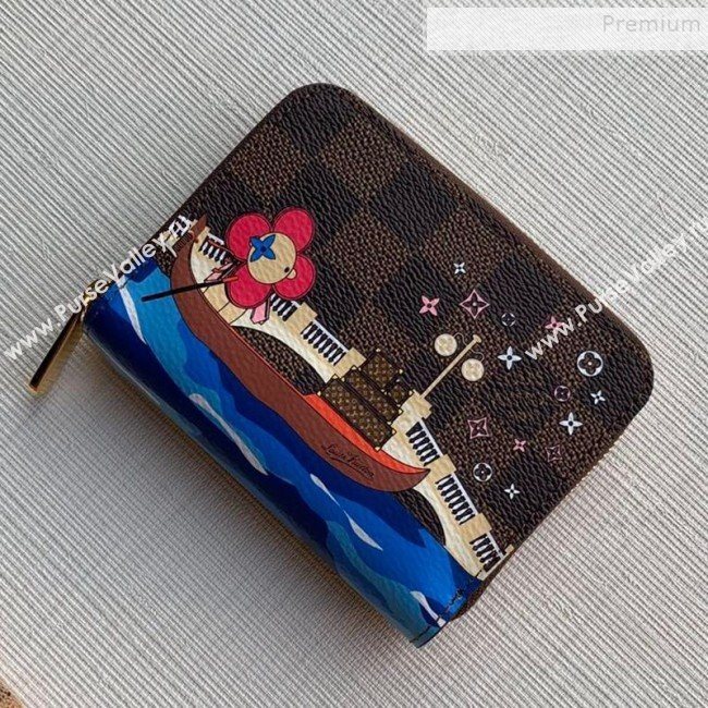 Louis Vuitton Damier Ebene Canvas Printed Zippy Coin Purse Wallet N60258 Blue 2019 (KD-9111812)