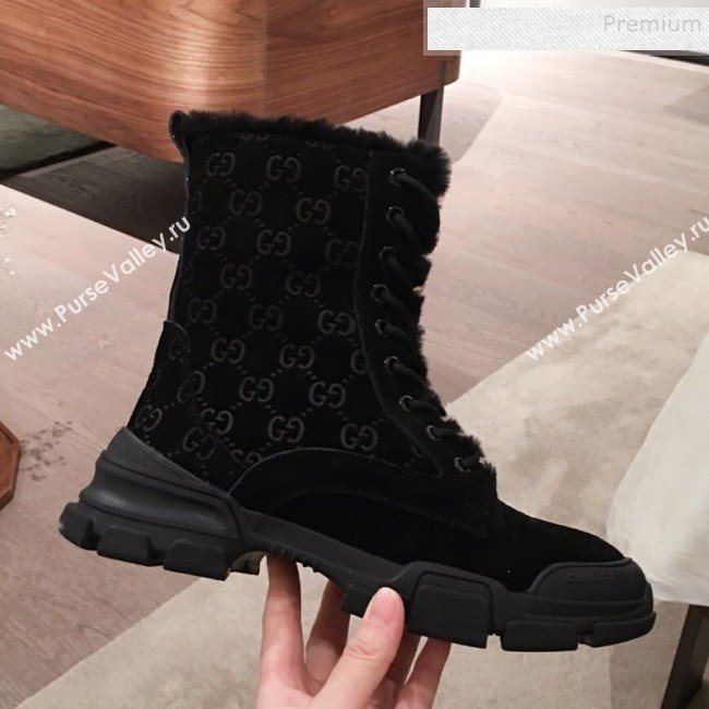 Gucci Suede Wool Lace-up Flat Short Boots Black 2019 (KL-9112017)