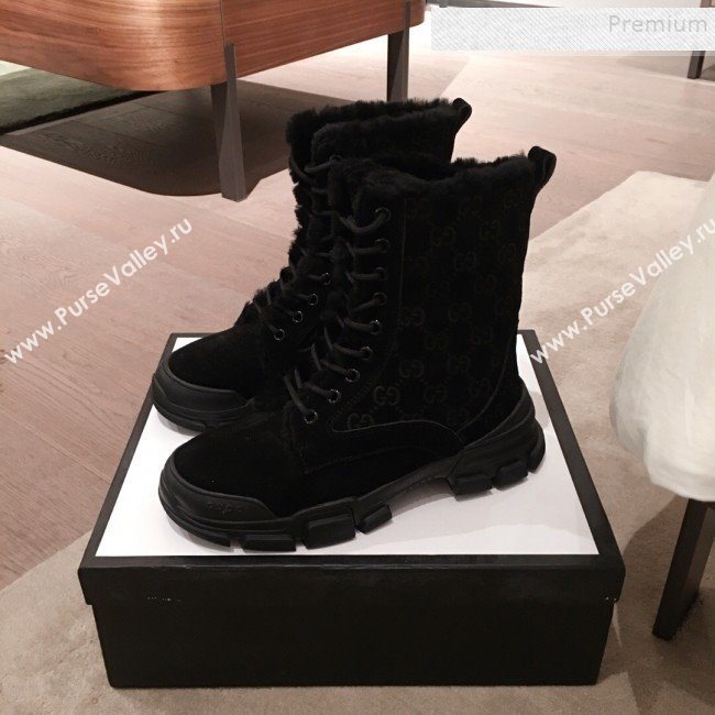 Gucci Suede Wool Lace-up Flat Short Boots Black 2019 (KL-9112017)