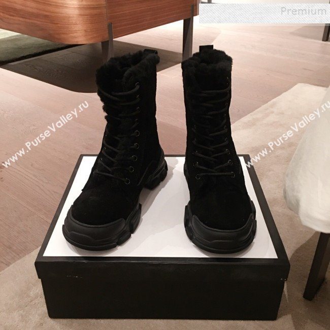 Gucci Suede Wool Lace-up Flat Short Boots Black 2019 (KL-9112017)
