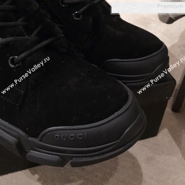 Gucci Suede Wool Lace-up Flat Short Boots Black 2019 (KL-9112017)