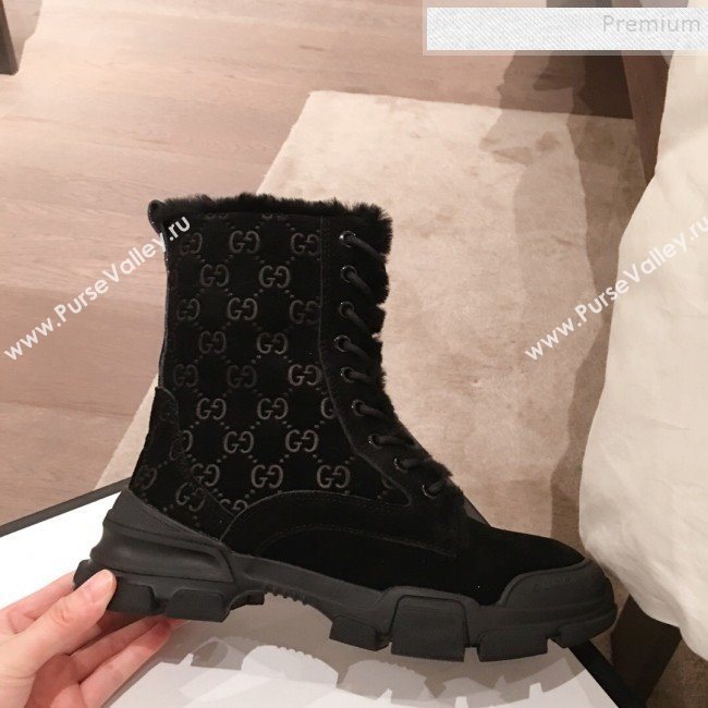 Gucci Suede Wool Lace-up Flat Short Boots Black 2019 (KL-9112017)
