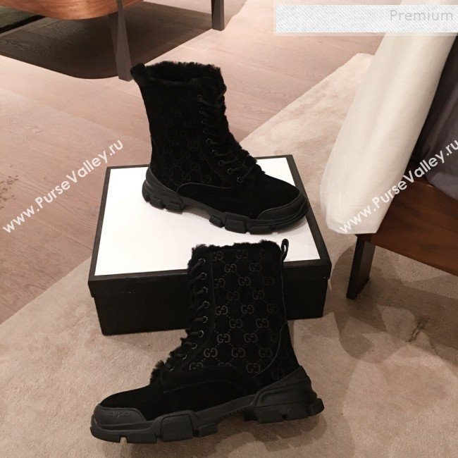 Gucci Suede Wool Lace-up Flat Short Boots Black 2019 (KL-9112017)