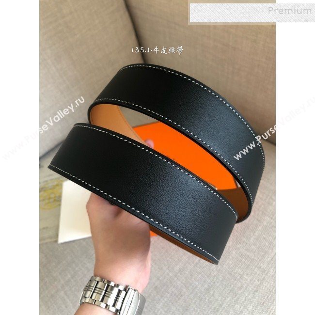 Hermes Goodnight Leather Belt 38mm with Framed Buckle Black/Silver 2019 (99-9112222)