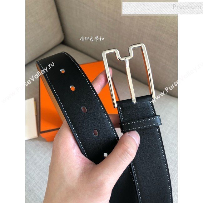 Hermes Goodnight Leather Belt 38mm with Framed Buckle Black/Silver 2019 (99-9112222)