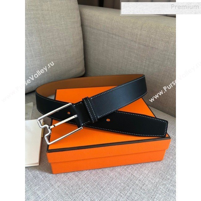 Hermes Goodnight Leather Belt 38mm with Framed Buckle Black/Silver 2019 (99-9112222)