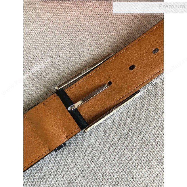 Hermes Goodnight Leather Belt 38mm with Framed Buckle Black/Silver 2019 (99-9112222)