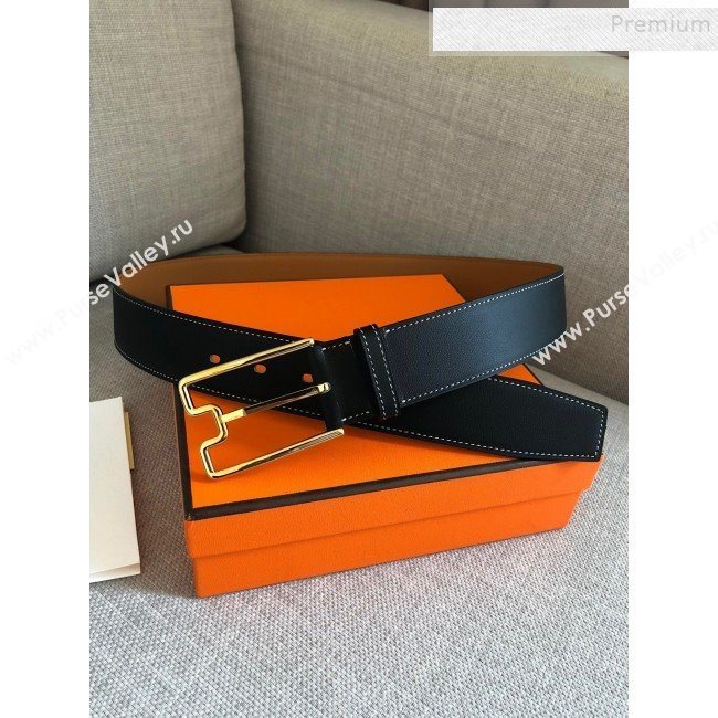 Hermes Goodnight Leather Belt 38mm with Framed Buckle Black/Gold 2019 (99-9112221)