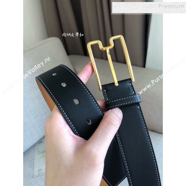 Hermes Goodnight Leather Belt 38mm with Framed Buckle Black/Gold 2019 (99-9112221)