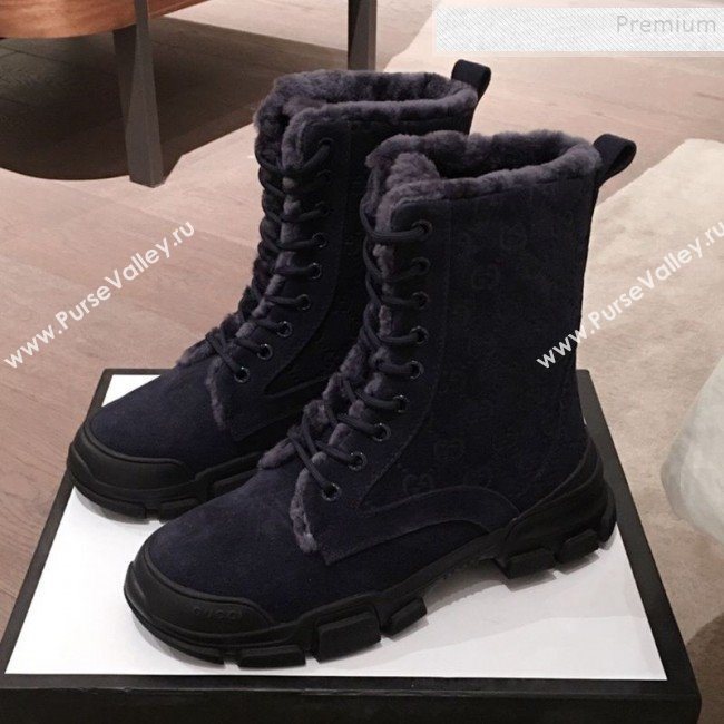 Gucci Suede Wool Lace-up Flat Short Boots Navy Blue 2019 (KL-9112018)