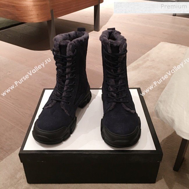Gucci Suede Wool Lace-up Flat Short Boots Navy Blue 2019 (KL-9112018)