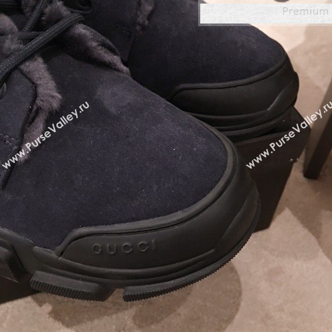 Gucci Suede Wool Lace-up Flat Short Boots Navy Blue 2019 (KL-9112018)