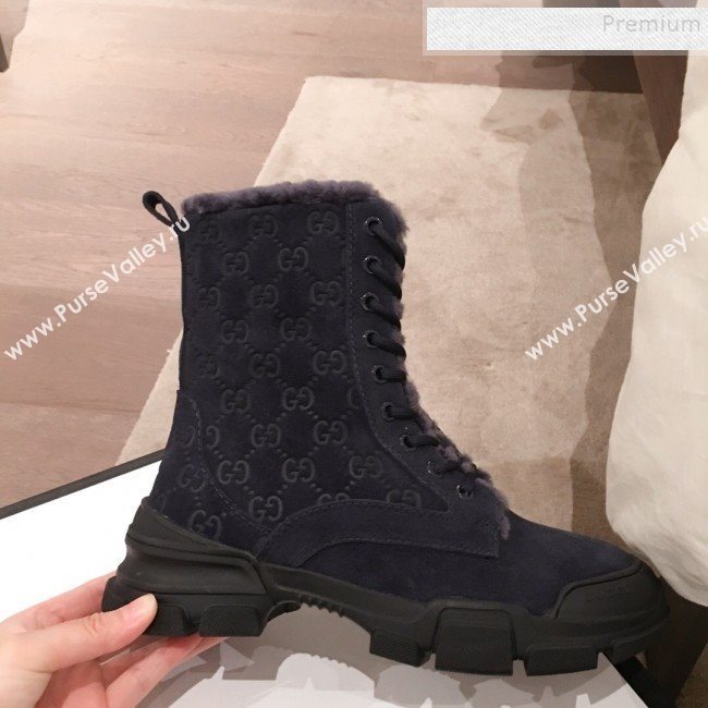 Gucci Suede Wool Lace-up Flat Short Boots Navy Blue 2019 (KL-9112018)