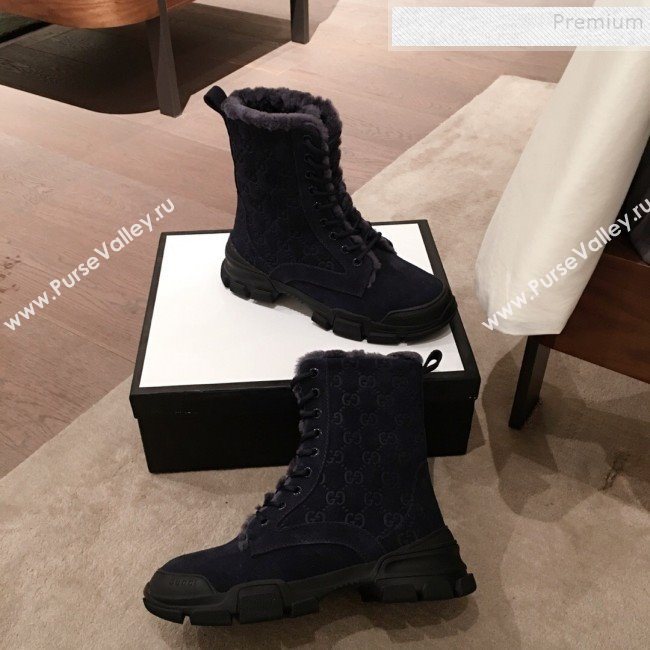 Gucci Suede Wool Lace-up Flat Short Boots Navy Blue 2019 (KL-9112018)