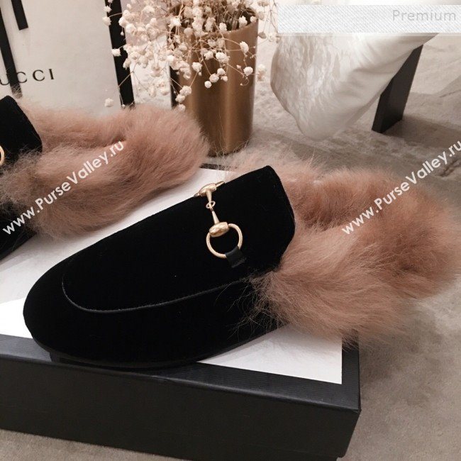 Gucci Horsebit Velvet Fur Flat Slippers Black 2019 (KL-9112028)