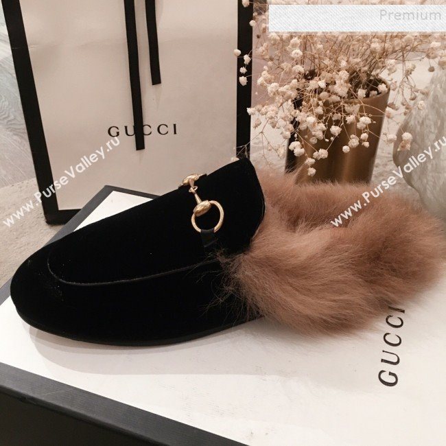 Gucci Horsebit Velvet Fur Flat Slippers Black 2019 (KL-9112028)