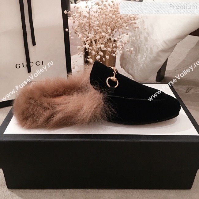 Gucci Horsebit Velvet Fur Flat Slippers Black 2019 (KL-9112028)