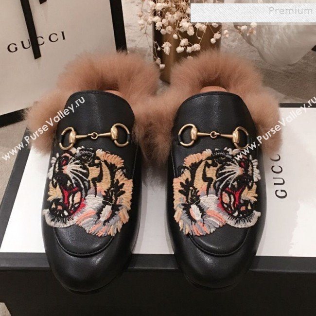 Gucci Princetown Tiger Embroidered Leather Fur Slippers Black 2019 (KL-9112030)