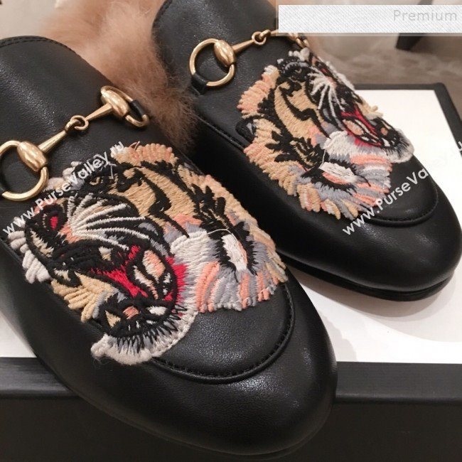 Gucci Princetown Tiger Embroidered Leather Fur Slippers Black 2019 (KL-9112030)