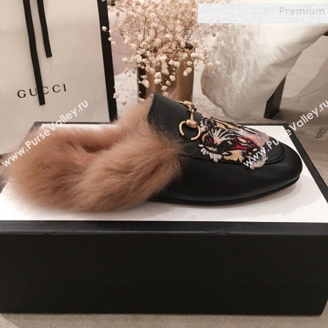 Gucci Princetown Tiger Embroidered Leather Fur Slippers Black 2019 (KL-9112030)