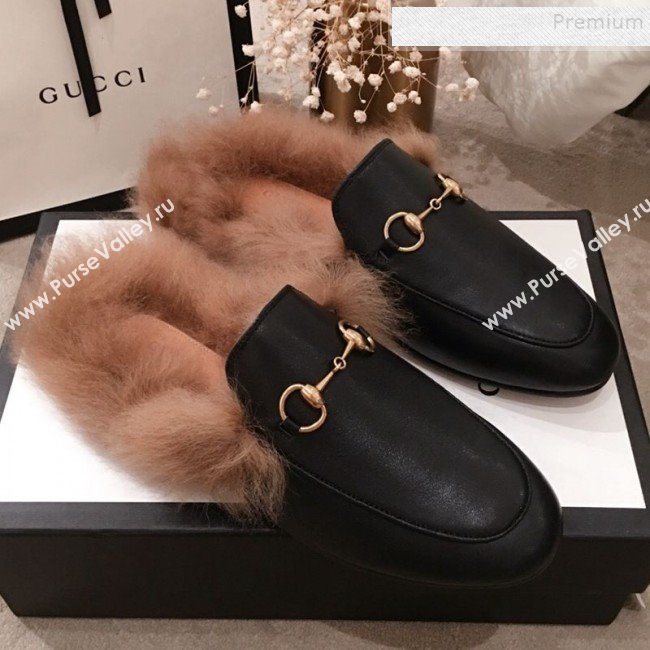 Gucci Princetown Horsebit Leather Fur Slippers Black 2019 (KL-9112034)