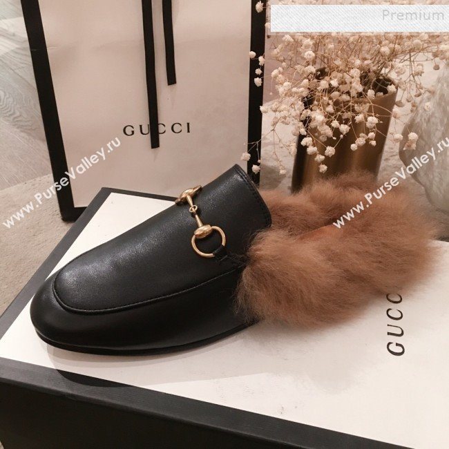 Gucci Princetown Horsebit Leather Fur Slippers Black 2019 (KL-9112034)