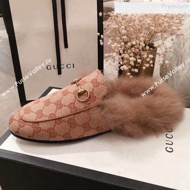 Gucci Princetown GG Canvas Fur Slippers Beige 2019 (KL-9112032)