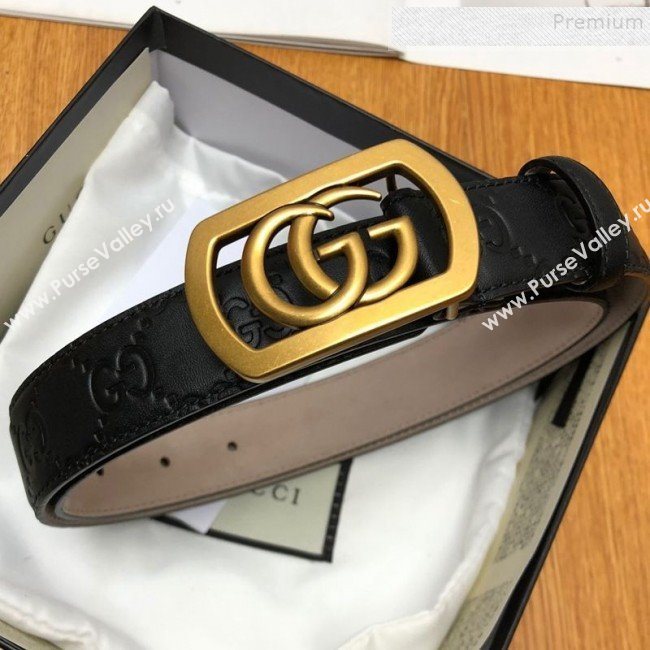 Gucci GG Signature Leather Belt 30mm with Framed GG Buckle Black 2019 (99-9112048)