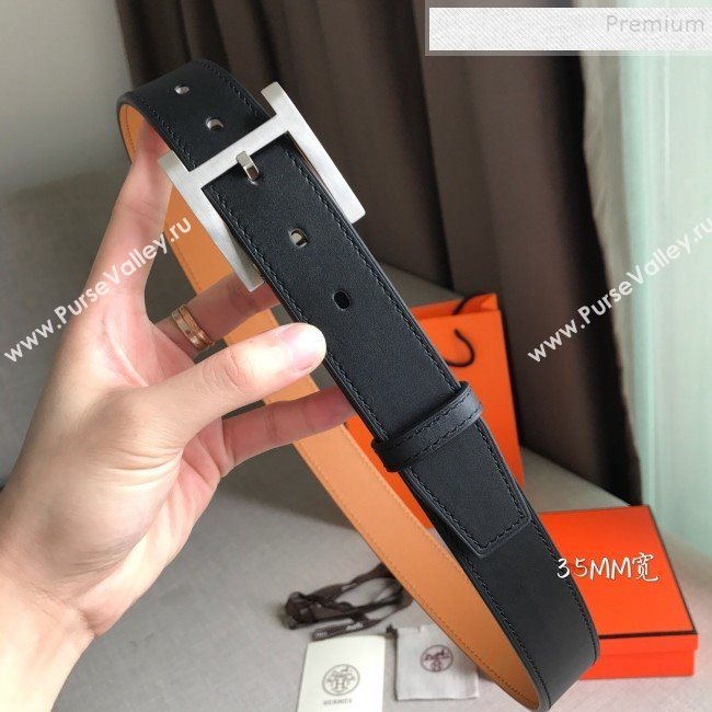 Hermes James Leather Belt 35mm with H Buckle Black/Silver 2019 (99-9112223)