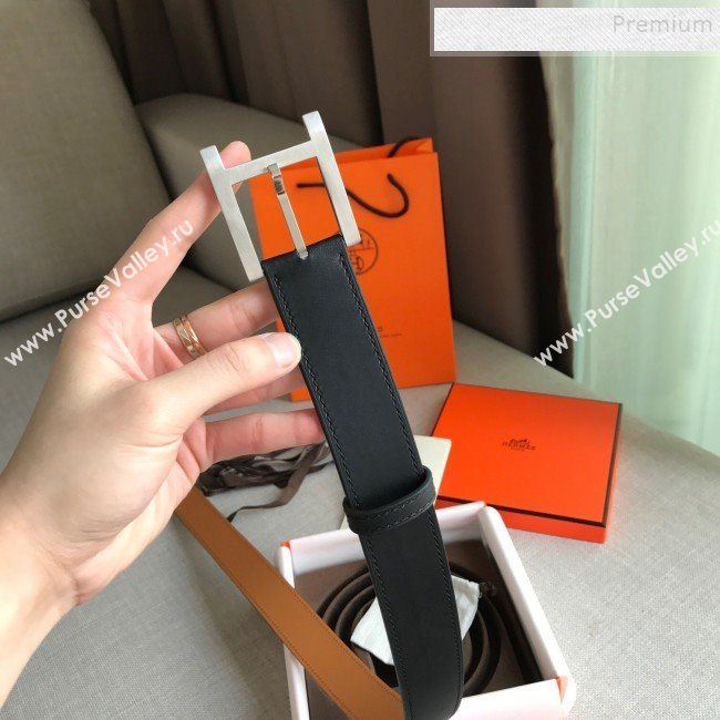 Hermes James Leather Belt 35mm with H Buckle Black/Silver 2019 (99-9112223)