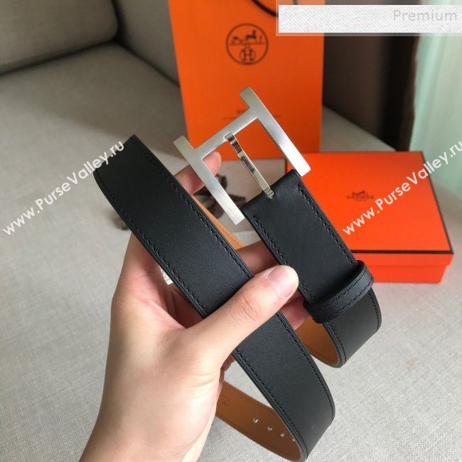 Hermes James Leather Belt 35mm with H Buckle Black/Silver 2019 (99-9112223)