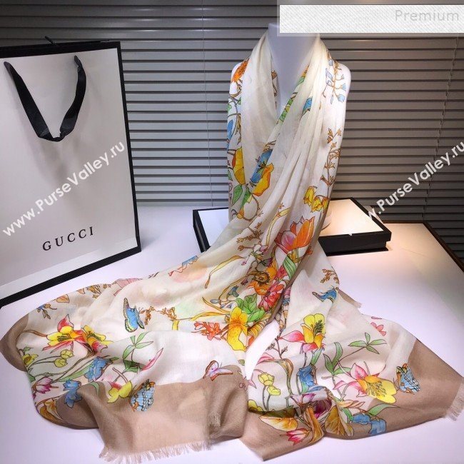 Gucci Cashmere Flora Print Scarf 100x200cm Beige 2019 (HONGX-9112237)