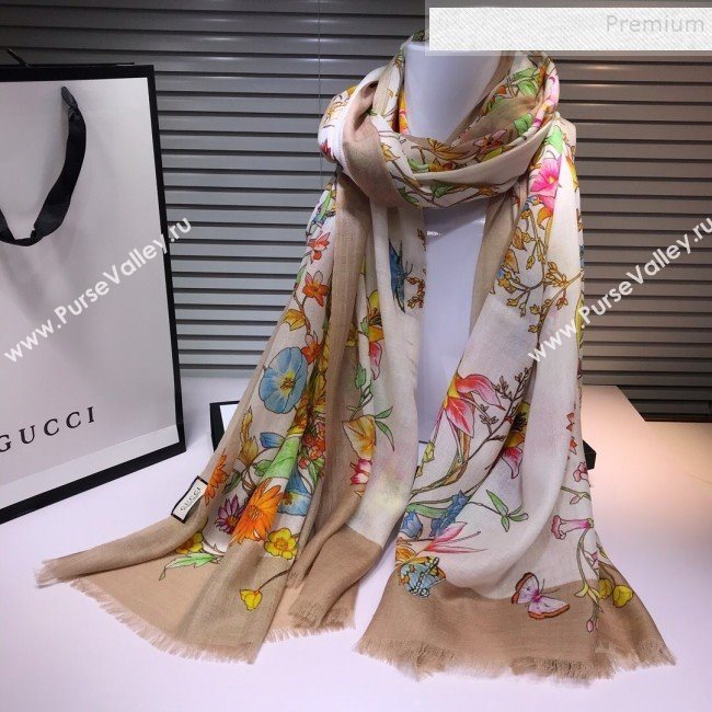 Gucci Cashmere Flora Print Scarf 100x200cm Beige 2019 (HONGX-9112237)