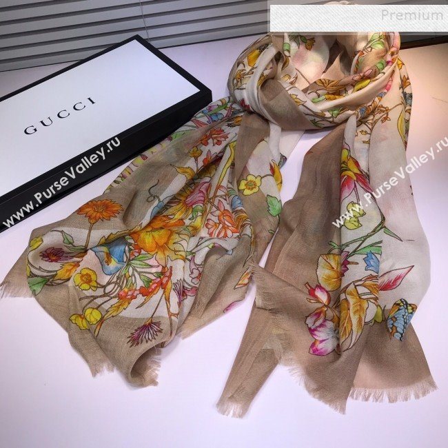 Gucci Cashmere Flora Print Scarf 100x200cm Beige 2019 (HONGX-9112237)