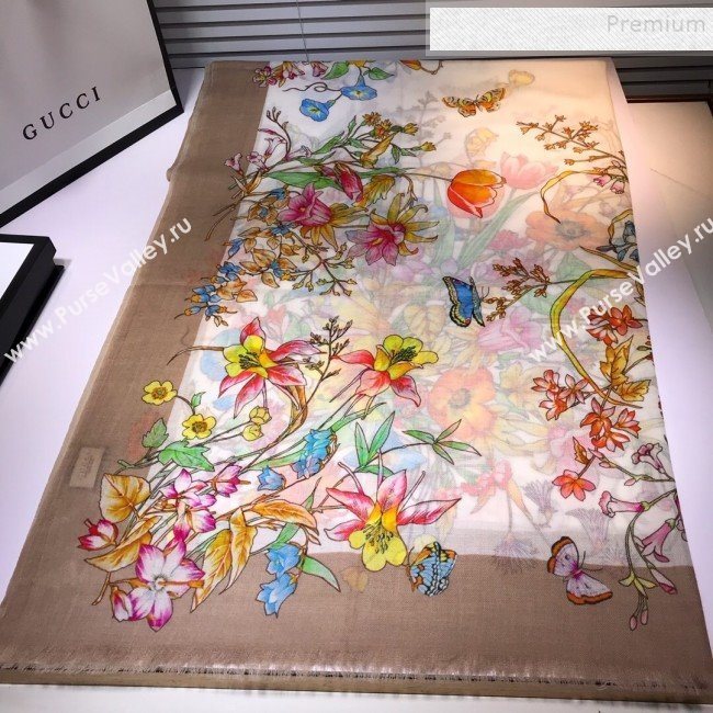 Gucci Cashmere Flora Print Scarf 100x200cm Beige 2019 (HONGX-9112237)