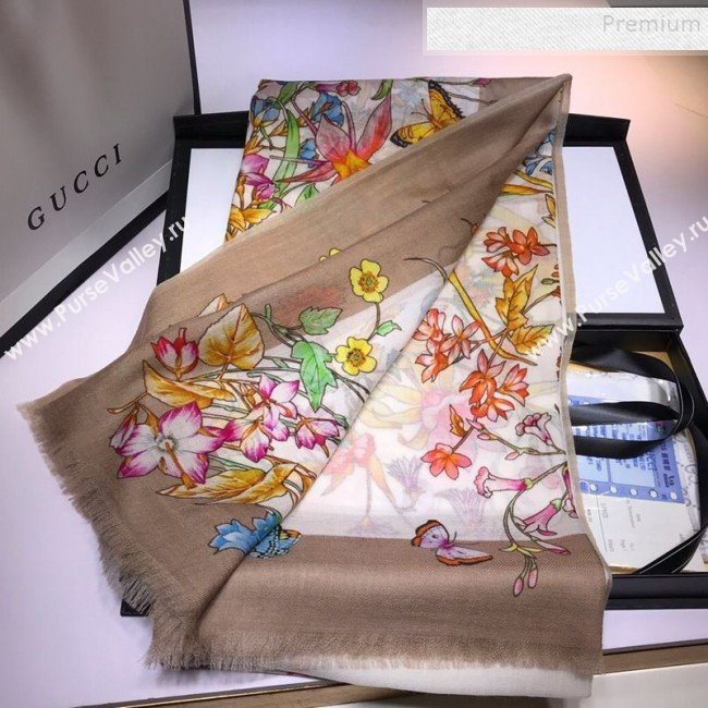 Gucci Cashmere Flora Print Scarf 100x200cm Beige 2019 (HONGX-9112237)