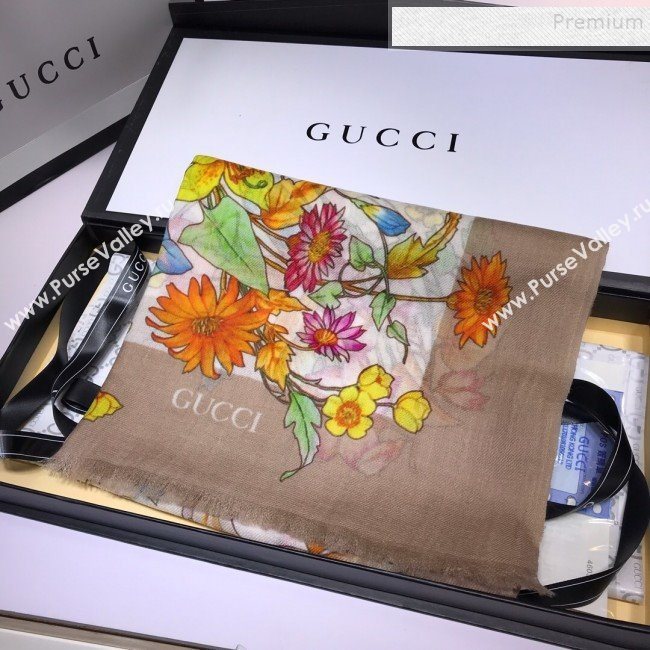 Gucci Cashmere Flora Print Scarf 100x200cm Beige 2019 (HONGX-9112237)