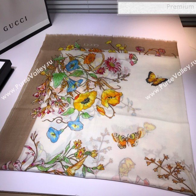 Gucci Cashmere Flora Print Scarf 100x200cm Beige 2019 (HONGX-9112237)