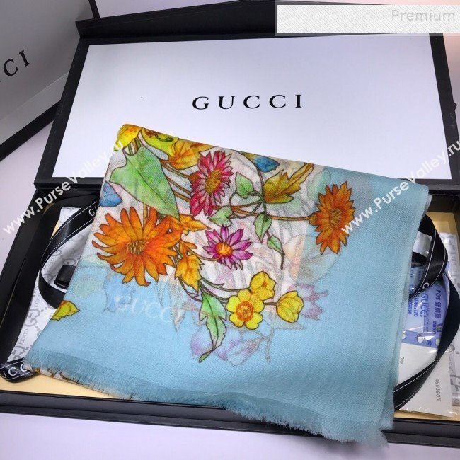 Gucci Cashmere Flora Print Scarf 100x200cm Blue 2019 (HONGX-9112238)