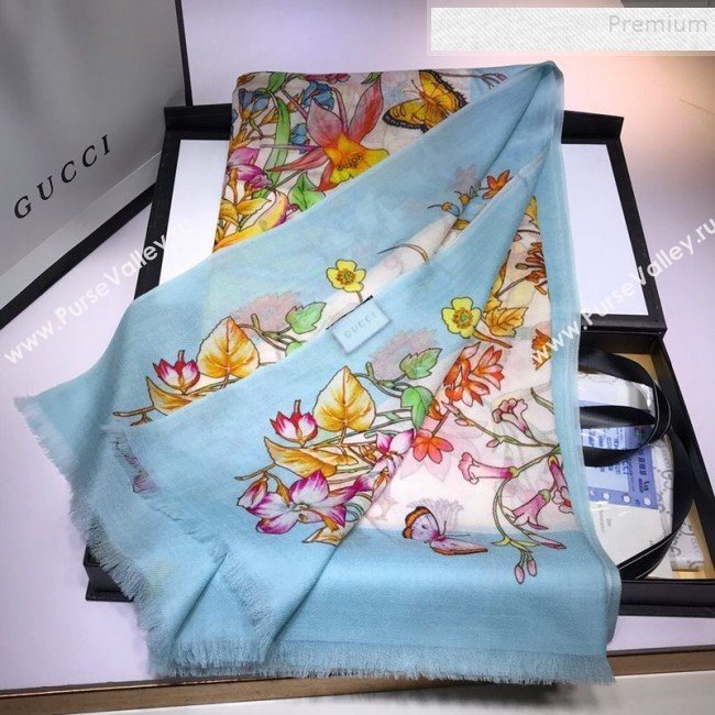 Gucci Cashmere Flora Print Scarf 100x200cm Blue 2019 (HONGX-9112238)