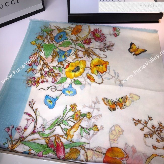 Gucci Cashmere Flora Print Scarf 100x200cm Blue 2019 (HONGX-9112238)