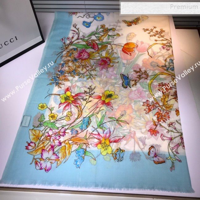 Gucci Cashmere Flora Print Scarf 100x200cm Blue 2019 (HONGX-9112238)