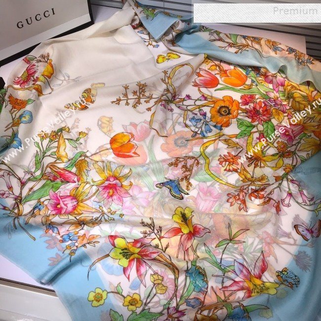 Gucci Cashmere Flora Print Scarf 100x200cm Blue 2019 (HONGX-9112238)