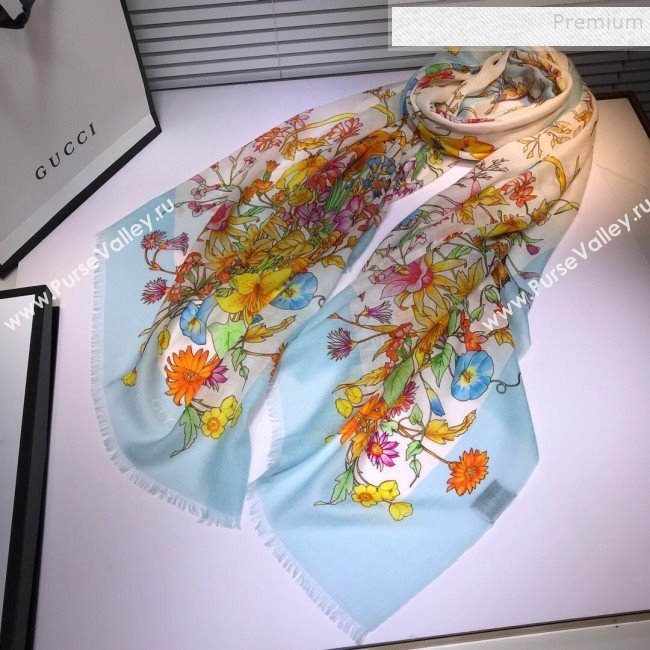 Gucci Cashmere Flora Print Scarf 100x200cm Blue 2019 (HONGX-9112238)