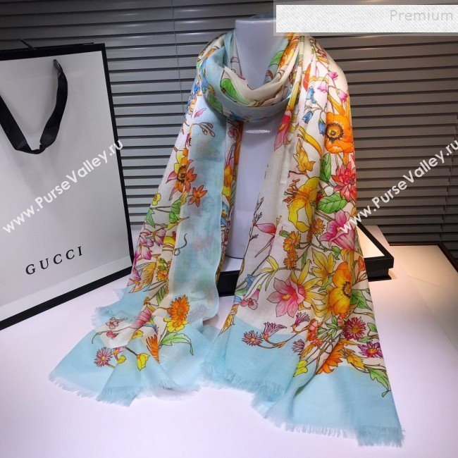 Gucci Cashmere Flora Print Scarf 100x200cm Blue 2019 (HONGX-9112238)