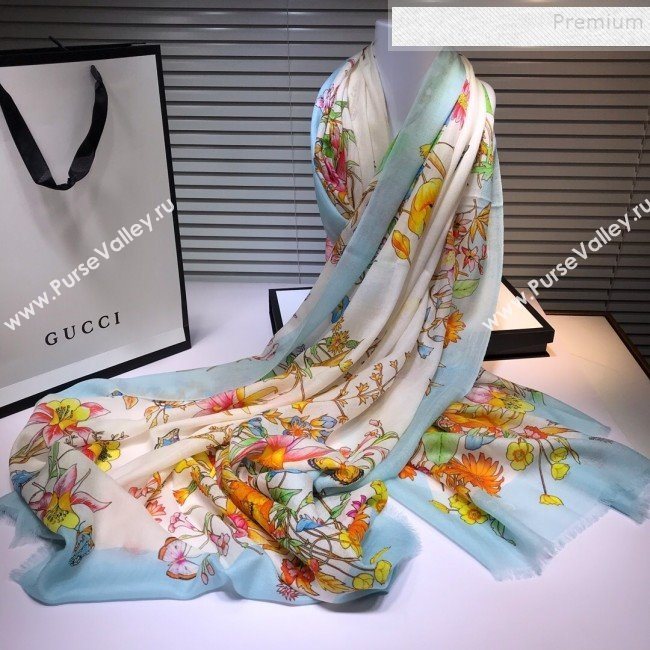 Gucci Cashmere Flora Print Scarf 100x200cm Blue 2019 (HONGX-9112238)