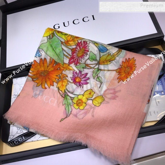 Gucci Cashmere Flora Print Scarf 100x200cm Pink 2019 (HONGX-9112239)