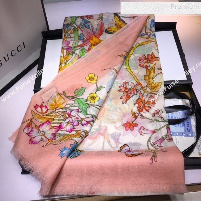 Gucci Cashmere Flora Print Scarf 100x200cm Pink 2019 (HONGX-9112239)